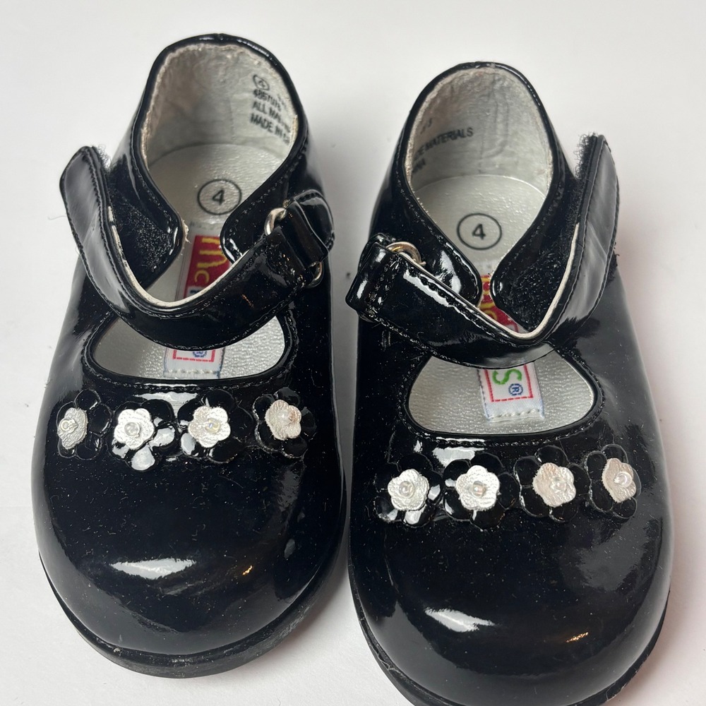 Vintage McKids Toddler Black Patent Leather Mary Jane Shoes Floral 4 90's  Y2K‎